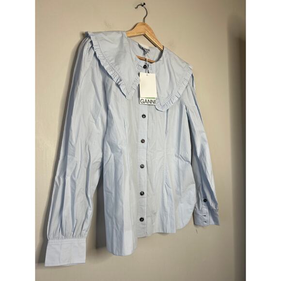NWT Ganni Poplin Shirt Cotton Oversized Collar Puffed Sleeve Top Heather Size: M - Picture 3 of 8